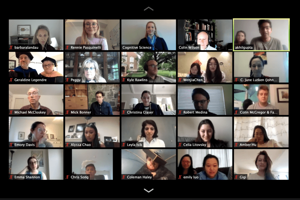 A screenshot of 25 videoconference participants at a virtual commencement reception.